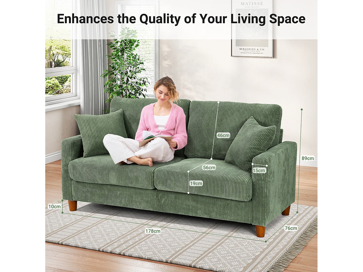 Canapé en velours 2 Places, avec 2 Coussins, sièges profonds de 56cm, 178x76x89cm, Vert