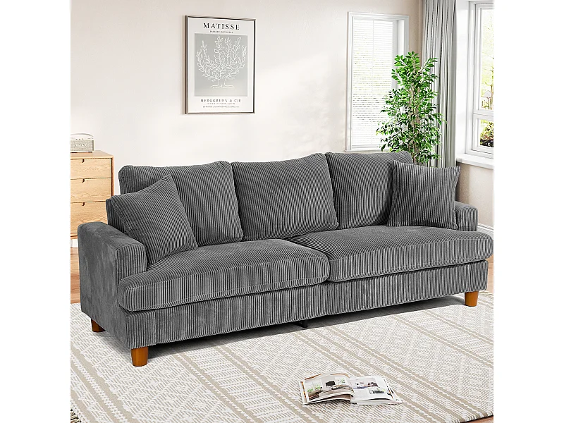 Canapé en Velours Côtelé 3 Places, Grand Canapé Droit Rembourré Moderne avec Sièges extra profonds de 53cm - 2 Coussins - 220x76x84cm - Gris