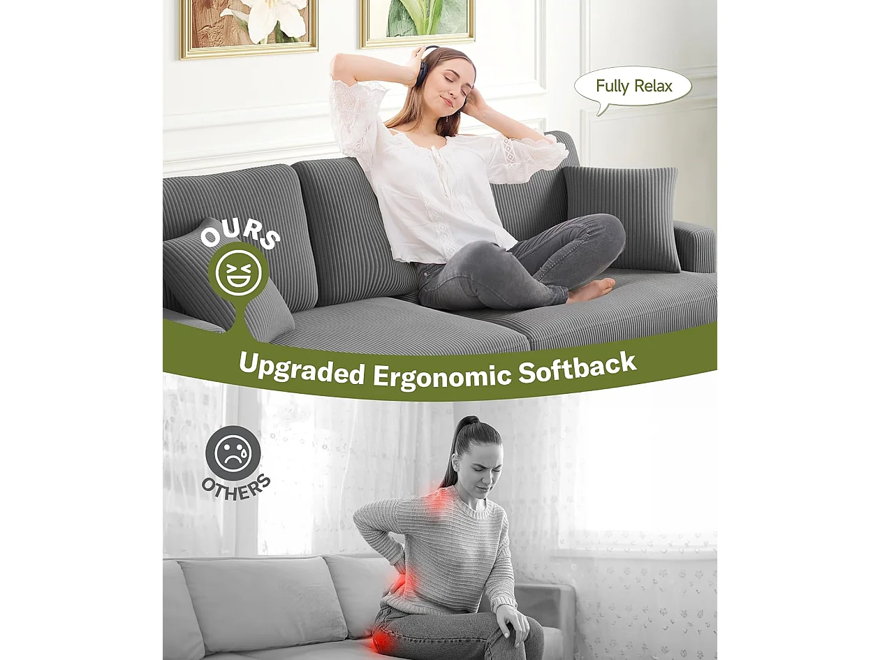 Sofá de terciopelo acanalado de 3 salones, sofá derecha acolchado moderno grande con asientos profundos adicionales de 53 cm - 2 cojines - 220x76x84cm - gris gris