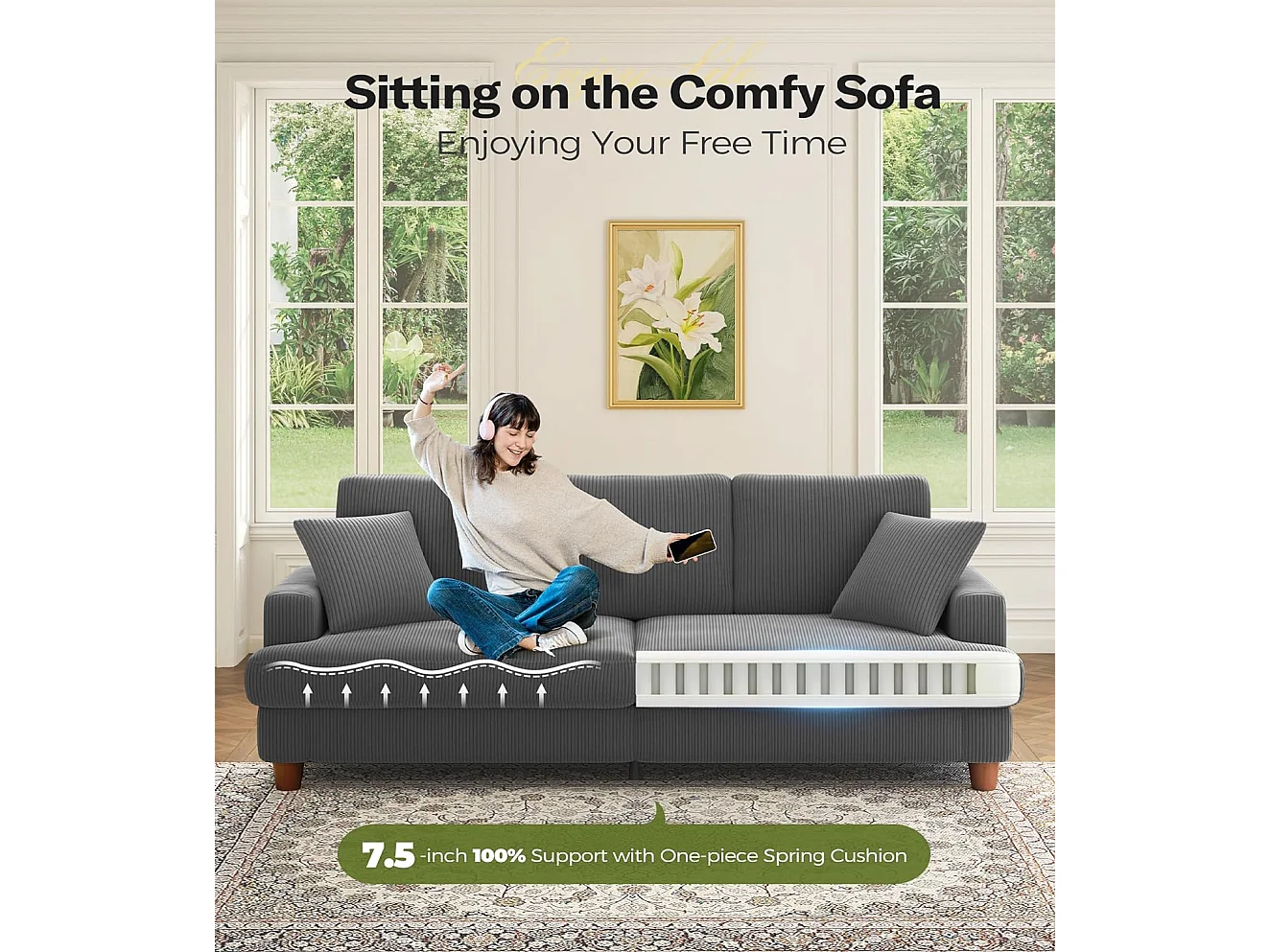 Sofá de terciopelo acanalado de 3 salones, sofá derecha acolchado moderno grande con asientos profundos adicionales de 53 cm - 2 cojines - 220x76x84cm - gris gris