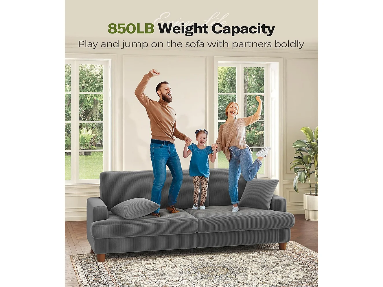 Sofá de terciopelo acanalado de 3 salones, sofá derecha acolchado moderno grande con asientos profundos adicionales de 53 cm - 2 cojines - 220x76x84cm - gris gris