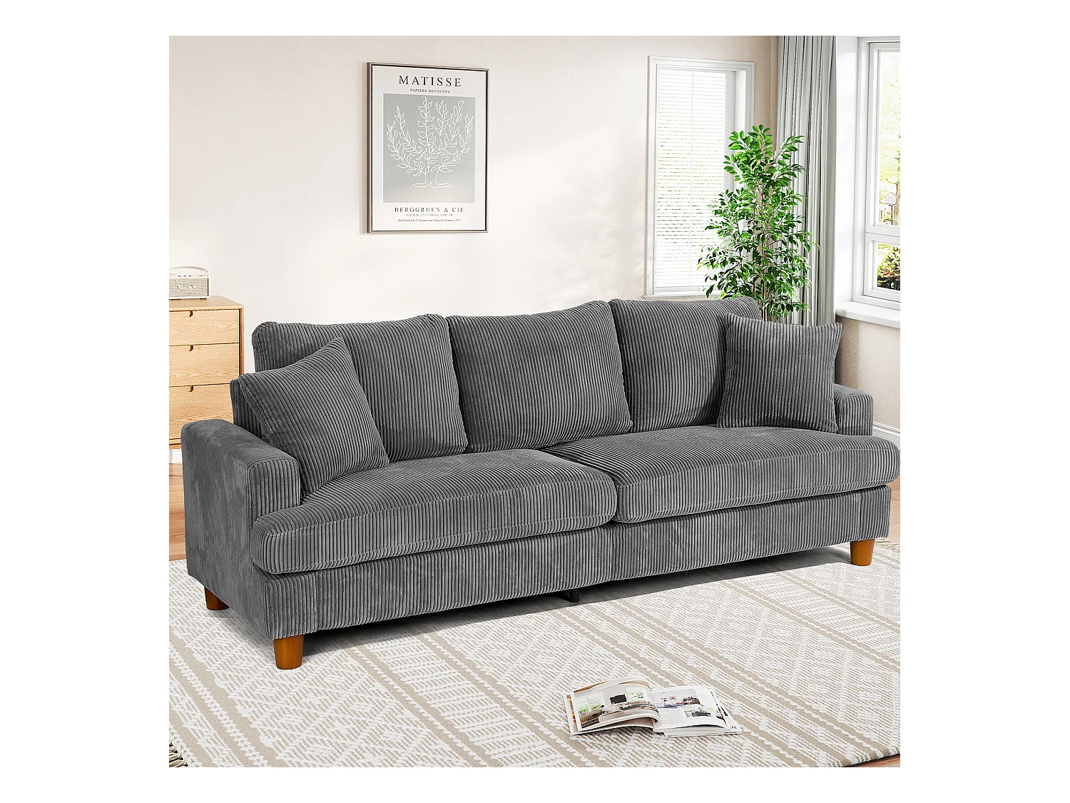 Canapé en Velours Côtelé 3 Places, Grand Canapé Droit Rembourré Moderne avec Sièges extra profonds de 53cm - 2 Coussins - 220x76x84cm - Gris