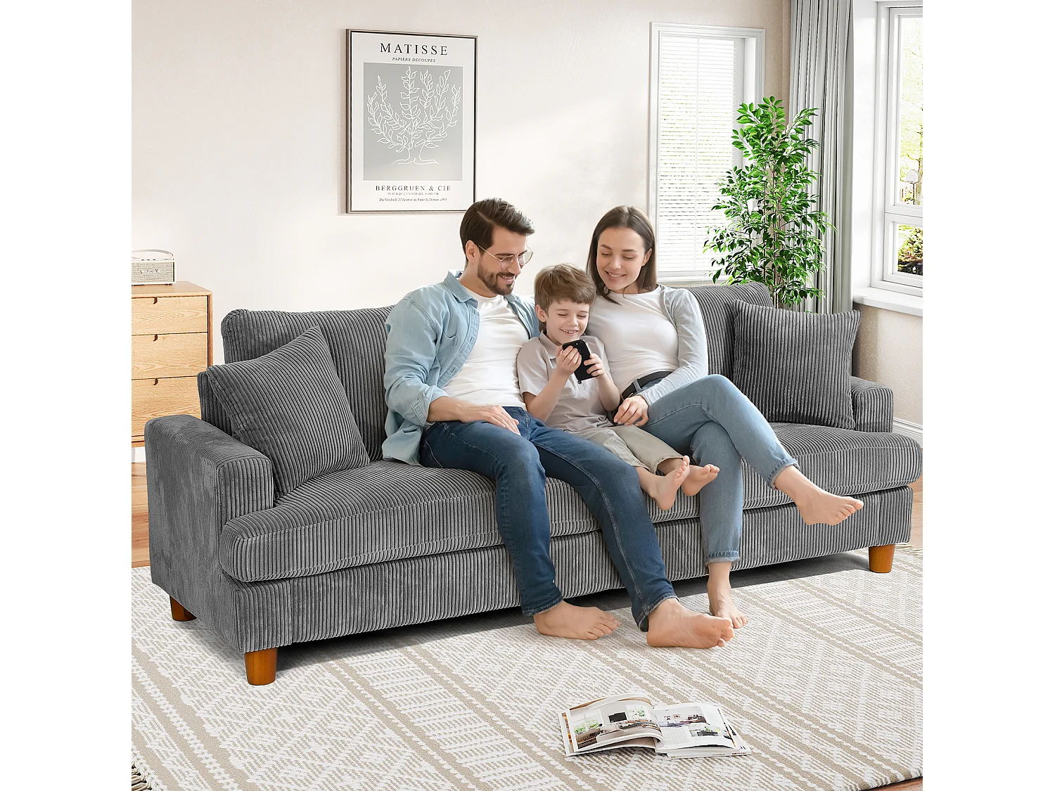 3-zitsbank van corduroy, moderne grote gestoffeerde rechte bank met extra diepe zitplaatsen van 53 cm - 2 kussens - 220x76x84cm - grijs