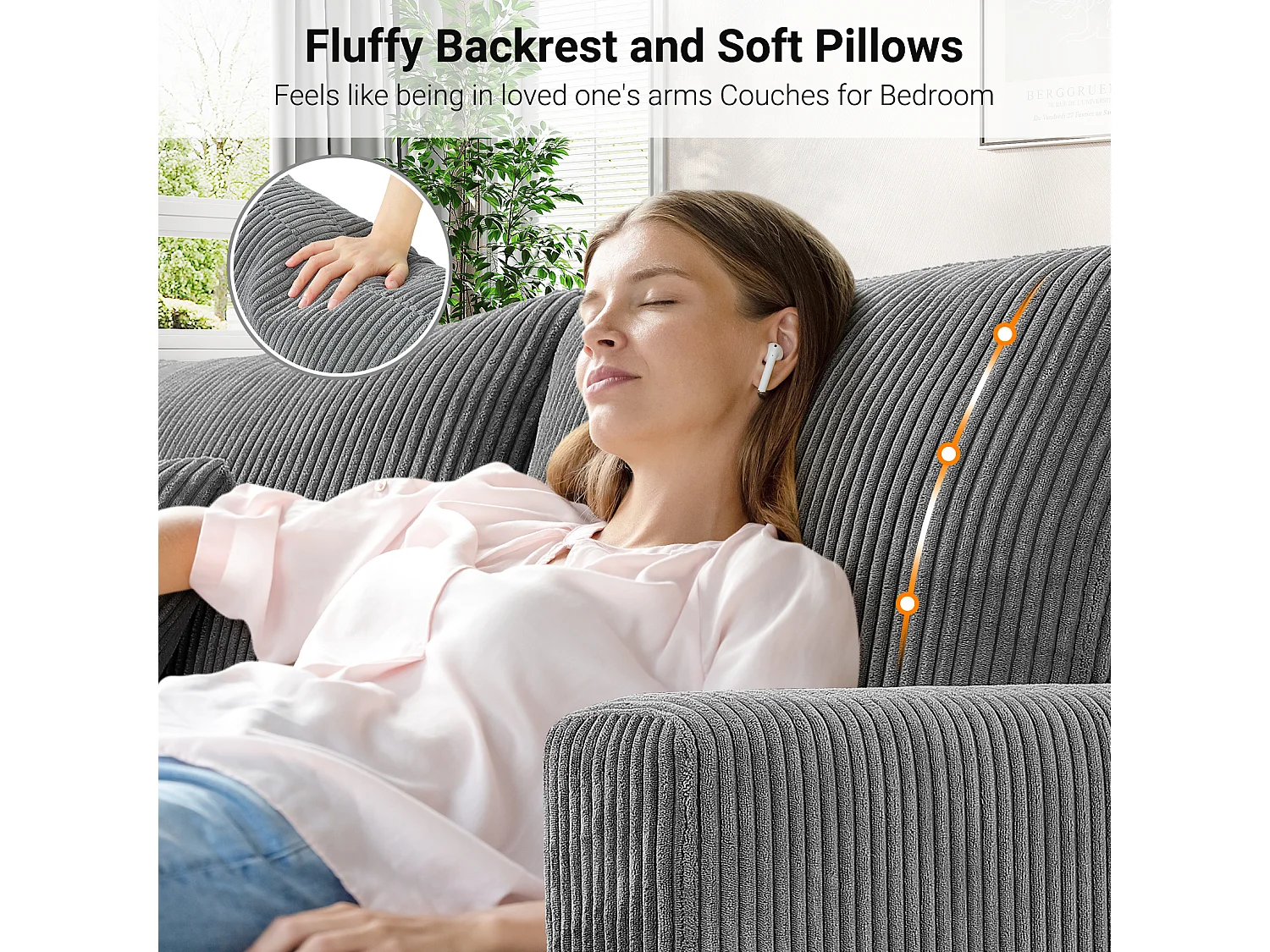 3-zitsbank van corduroy, moderne grote gestoffeerde rechte bank met extra diepe zitplaatsen van 53 cm - 2 kussens - 220x76x84cm - grijs