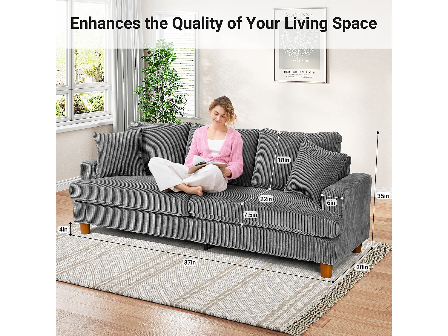 3-zitsbank van corduroy, moderne grote gestoffeerde rechte bank met extra diepe zitplaatsen van 53 cm - 2 kussens - 220x76x84cm - grijs