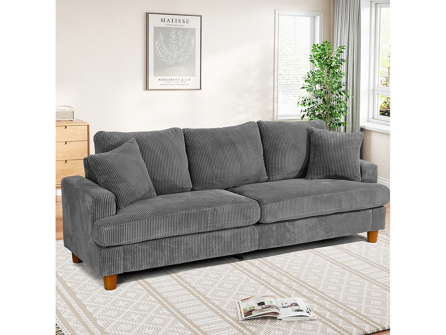 Sofá de veludo com nervuras com telhas de 3, grande sofá reto moderno acolchoado com assentos extras profundos de 53 cm - 2 almofadas - 220x76x84cm - cinza cinza