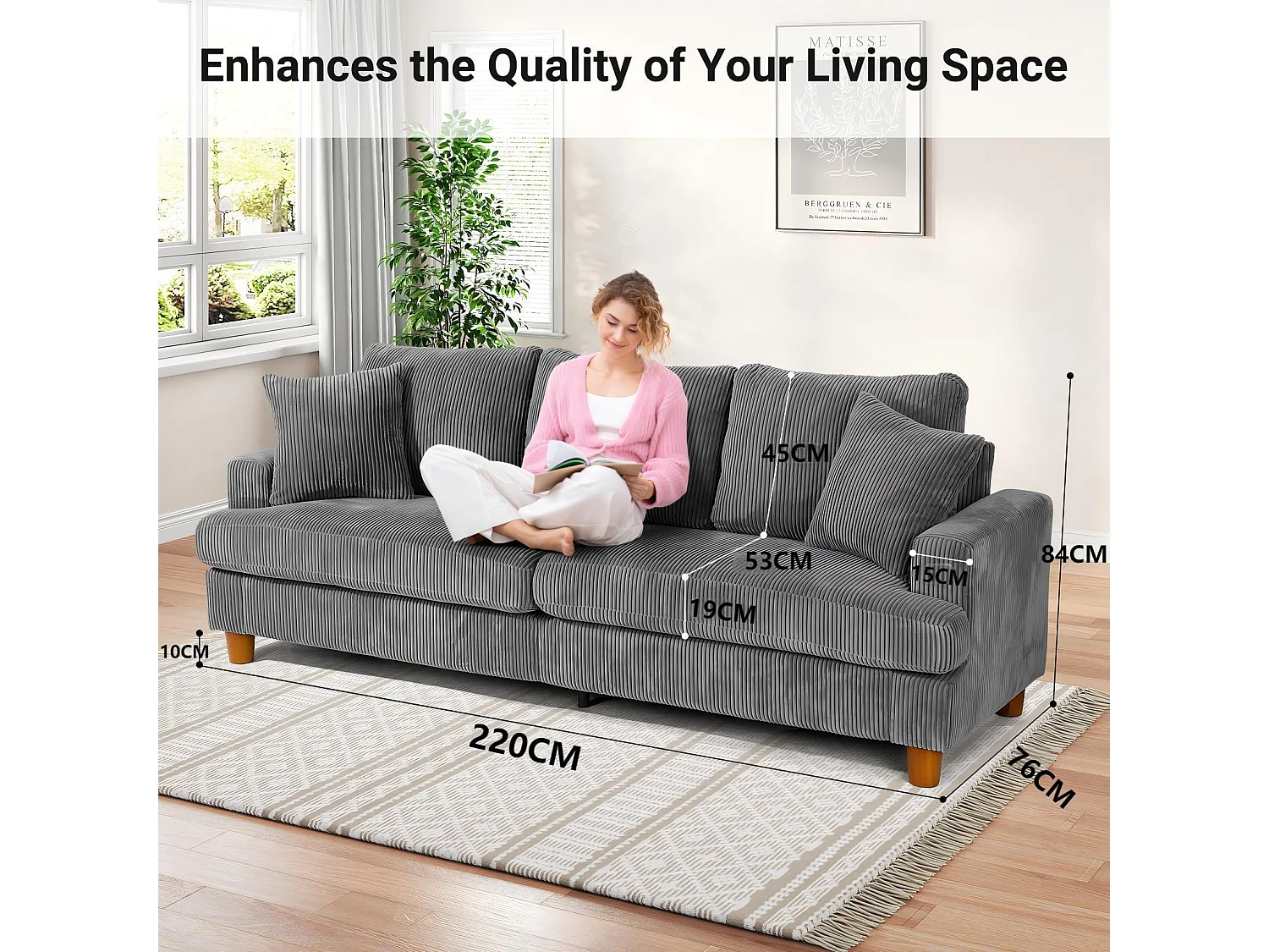 Sofá de veludo com nervuras com telhas de 3, grande sofá reto moderno acolchoado com assentos extras profundos de 53 cm - 2 almofadas - 220x76x84cm - cinza cinza