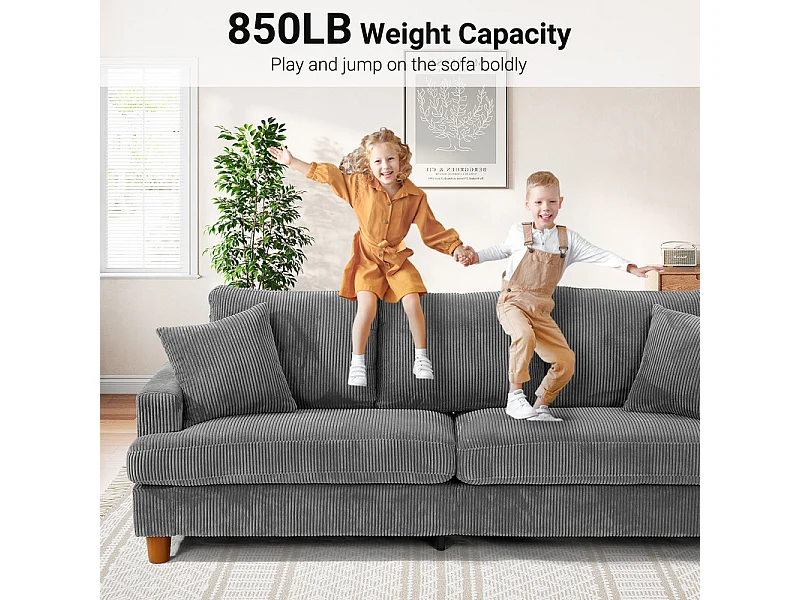 Sofá de veludo com nervuras com telhas de 3, grande sofá reto moderno acolchoado com assentos extras profundos de 53 cm - 2 almofadas - 220x76x84cm - cinza cinza