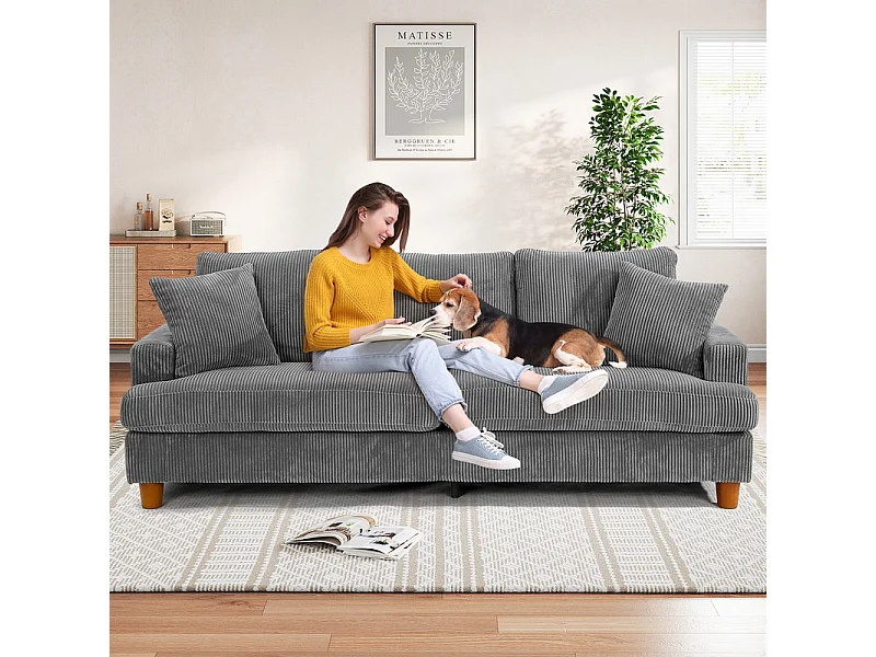 Sofá de veludo com nervuras com telhas de 3, grande sofá reto moderno acolchoado com assentos extras profundos de 53 cm - 2 almofadas - 220x76x84cm - cinza cinza