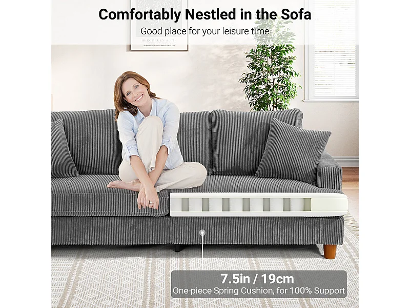 Sofá de veludo com nervuras com telhas de 3, grande sofá reto moderno acolchoado com assentos extras profundos de 53 cm - 2 almofadas - 220x76x84cm - cinza cinza