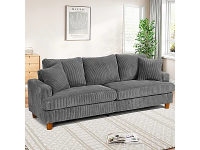 3-zitsbank van corduroy, moderne grote gestoffeerde rechte bank met extra diepe zitplaatsen van 53 cm - 2 kussens - 220x76x84cm - grijs