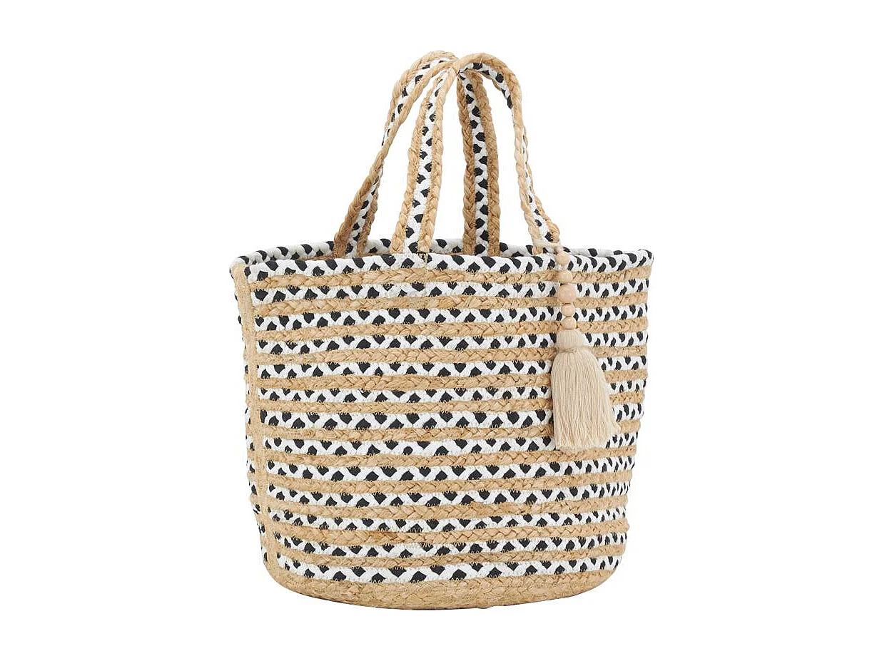 Sac en jute noir et blanc Indi avec pompon