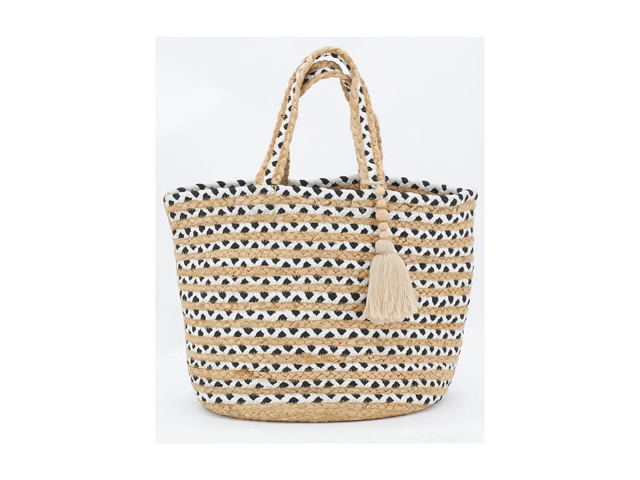 Sac en jute noir et blanc Indi avec pompon