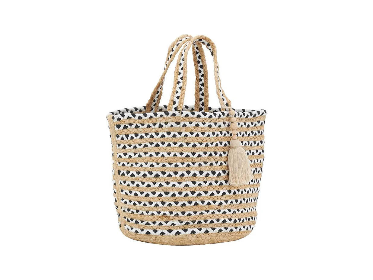 Sac en jute noir et blanc Indi avec pompon