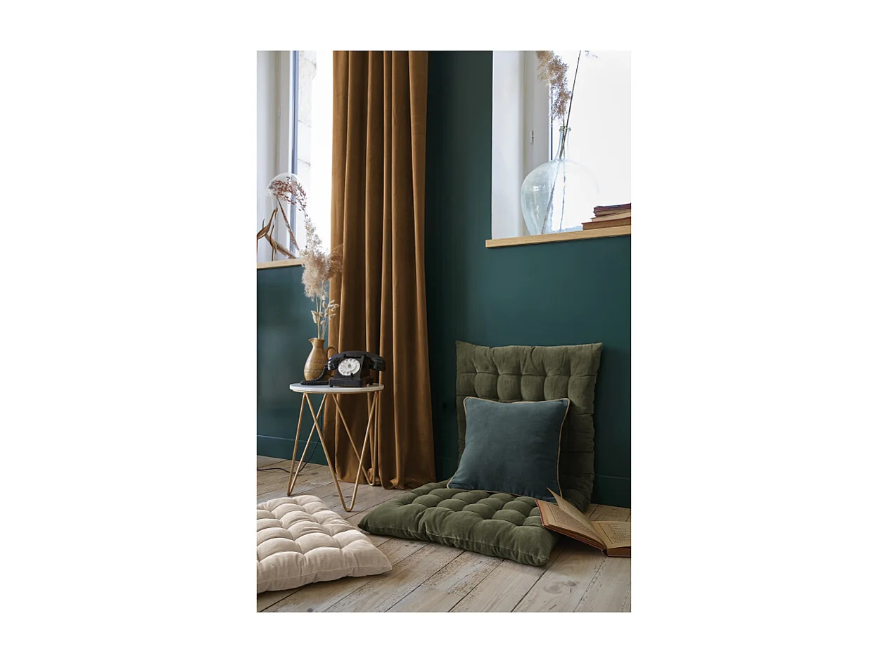 Coussin 45 x 45 cm velours de coton bleu canard et jute - MIRABEL