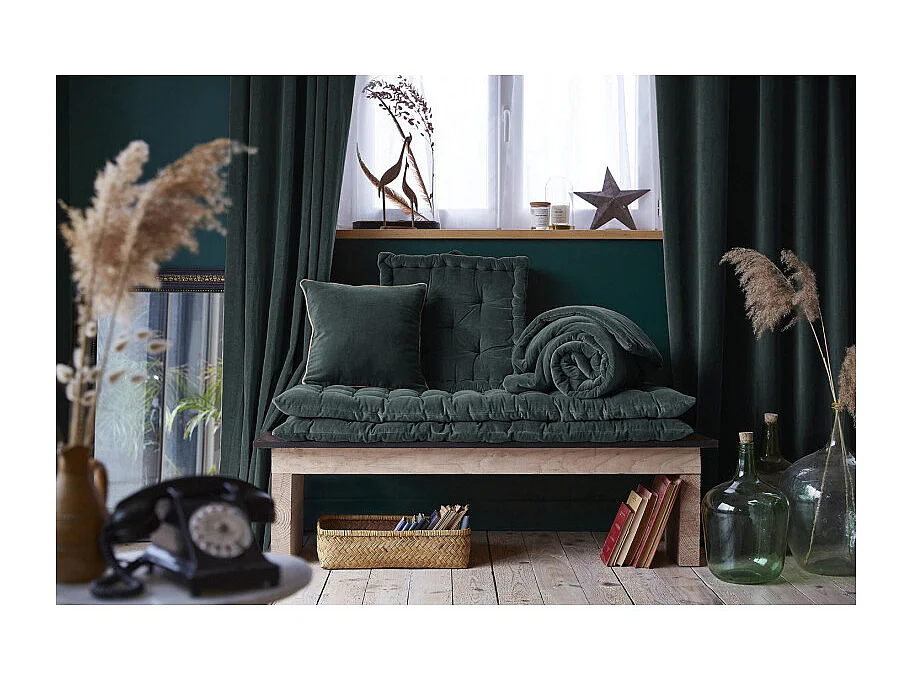 Coussin 45 x 45 cm velours de coton bleu canard et jute - MIRABEL