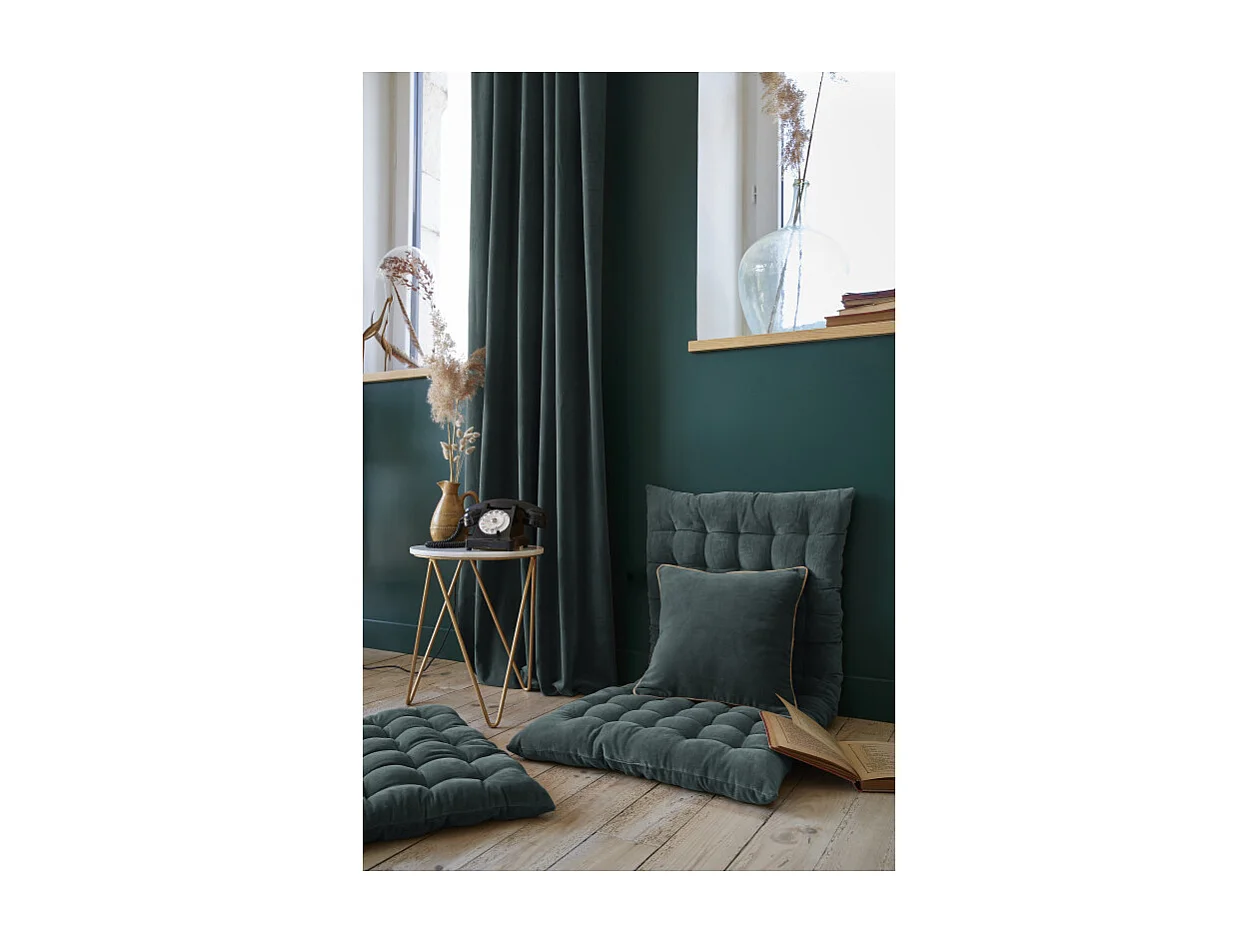 Coussin 45 x 45 cm velours de coton bleu canard et jute - MIRABEL