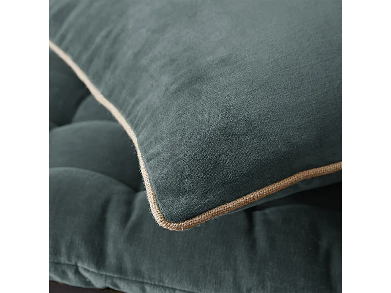 Coussin 45 x 45 cm velours de coton bleu canard et jute - MIRABEL