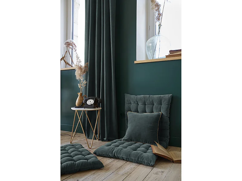 Coussin 45 x 45 cm velours de coton bleu canard et jute - MIRABEL