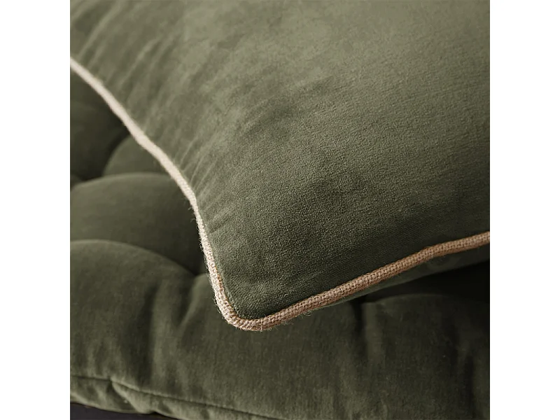 Coussin 45 x 45 cm velours de coton vert et jute - MIRABEL