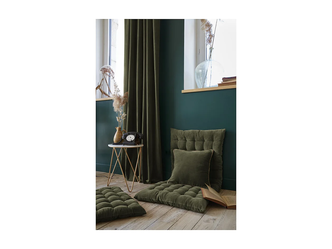 Coussin 45 x 45 cm velours de coton vert et jute - MIRABEL