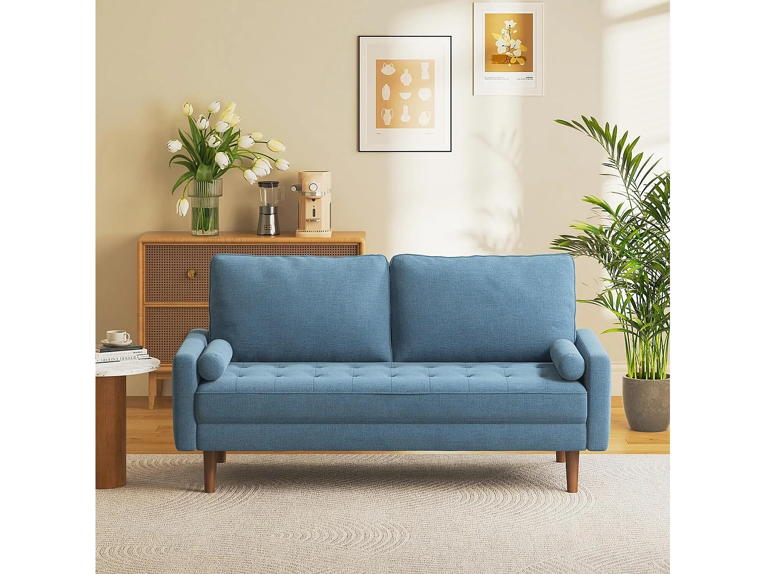 Divano 3 posti in tessuto lino blu - Scandinavo - con 2 cuscini e braccioli - Gambe in legno massello - 173x77x84cm