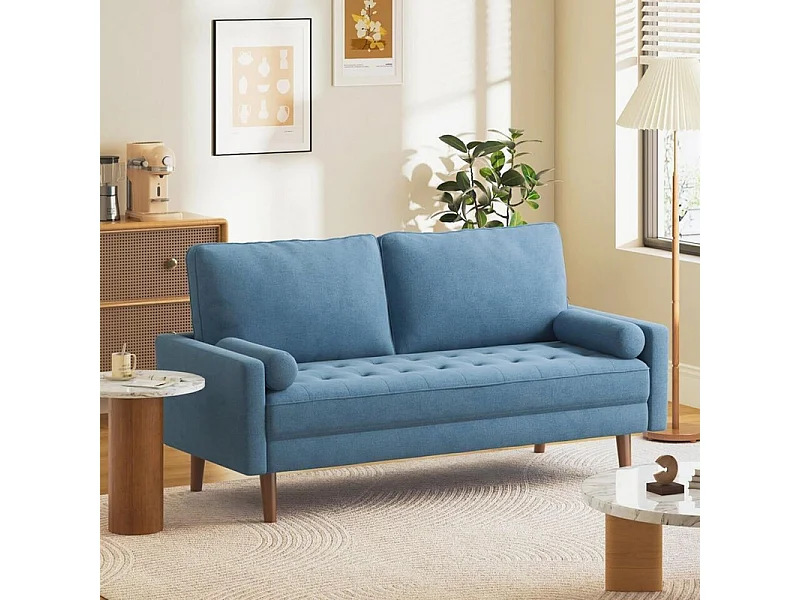 Divano 3 posti in tessuto lino blu - Scandinavo - con 2 cuscini e braccioli - Gambe in legno massello - 173x77x84cm