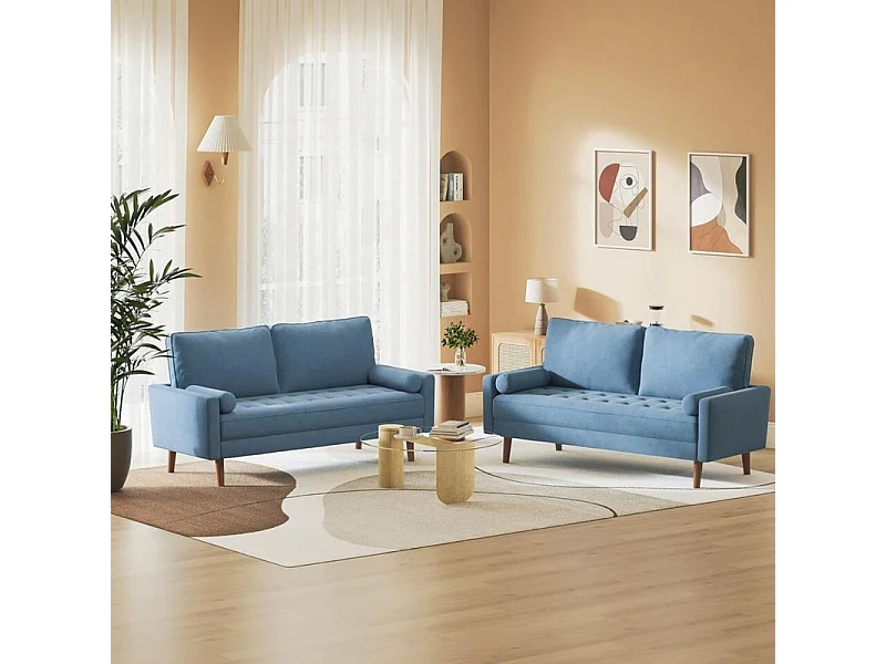 Divano 3 posti in tessuto lino blu - Scandinavo - con 2 cuscini e braccioli - Gambe in legno massello - 173x77x84cm