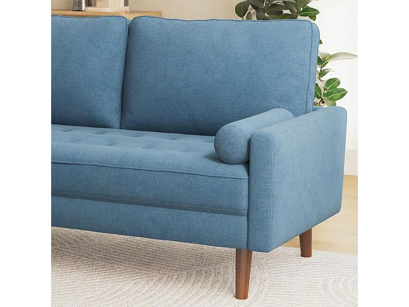 Divano 3 posti in tessuto lino blu - Scandinavo - con 2 cuscini e braccioli - Gambe in legno massello - 173x77x84cm