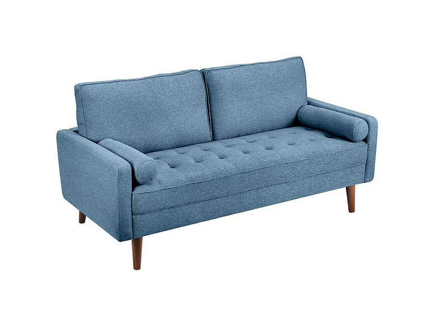 3 -Seerer -Sofa im blauen Leinenstoff - Skandinavier - mit 2 Kissen und Armlehnen - Massive Holzfüße - 173x77x84cm