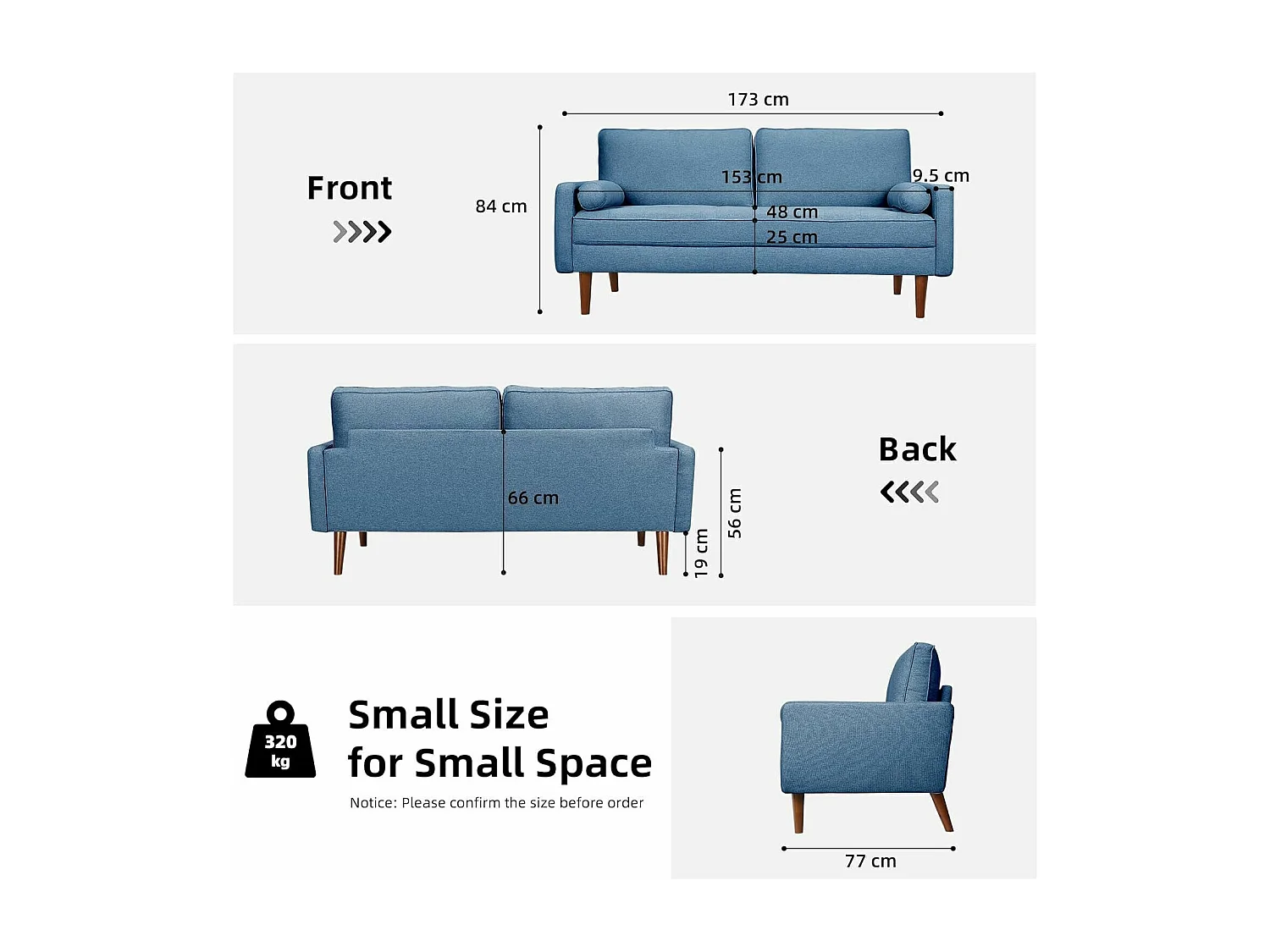 3-zitsbank in moderne linnenstof met armleuningen, massief houten poten - 173x77x84cm - Blauw