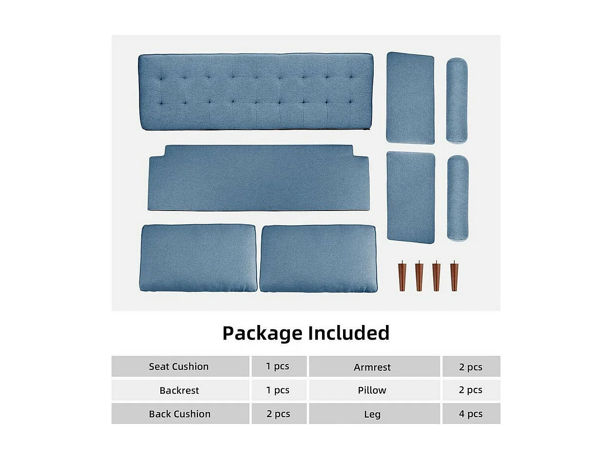 3-zitsbank in moderne linnenstof met armleuningen, massief houten poten - 173x77x84cm - Blauw