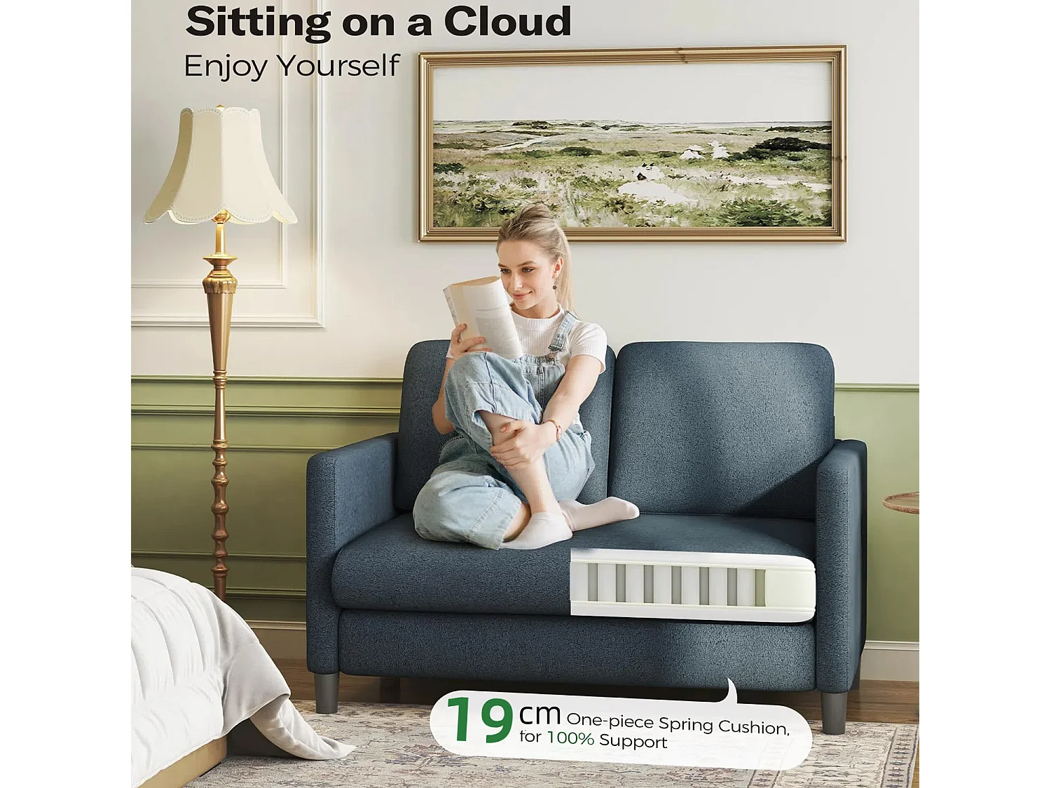 Canapé 2 places confort en Velours Teddy bleu, avec assise profonde de 55cm et accoudoirs - 128x78x89cm