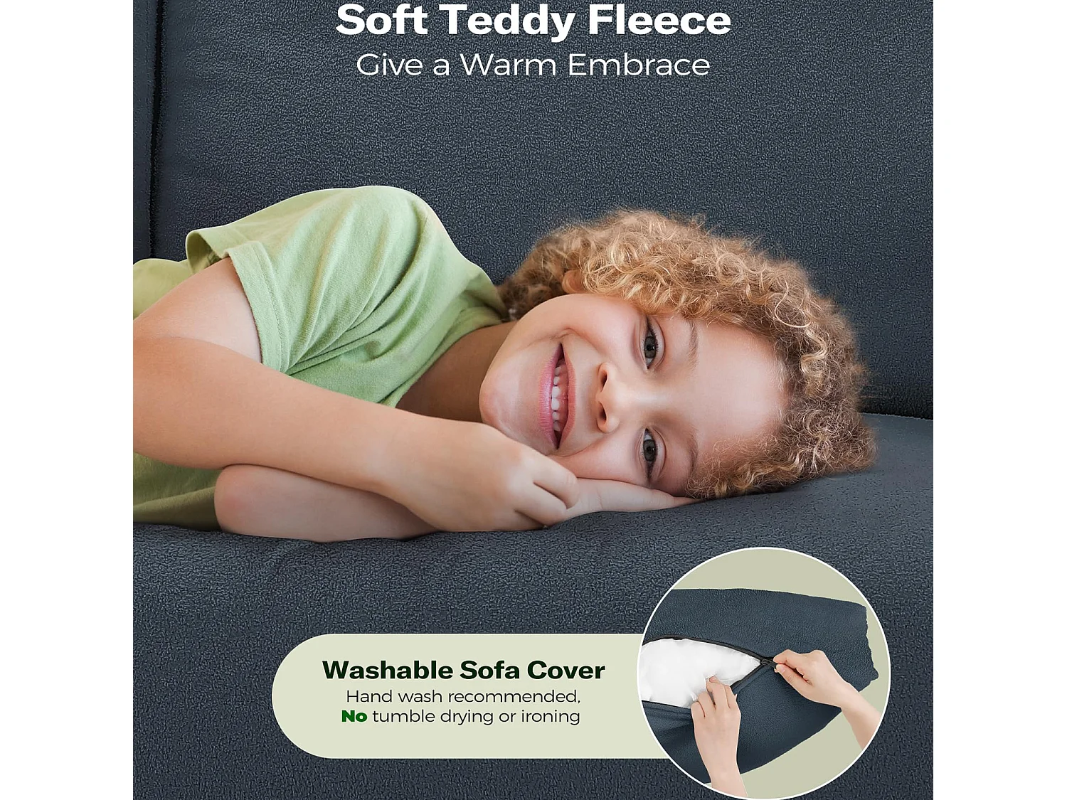 Canapé 2 places confort en Velours Teddy bleu, avec assise profonde de 55cm et accoudoirs - 128x78x89cm