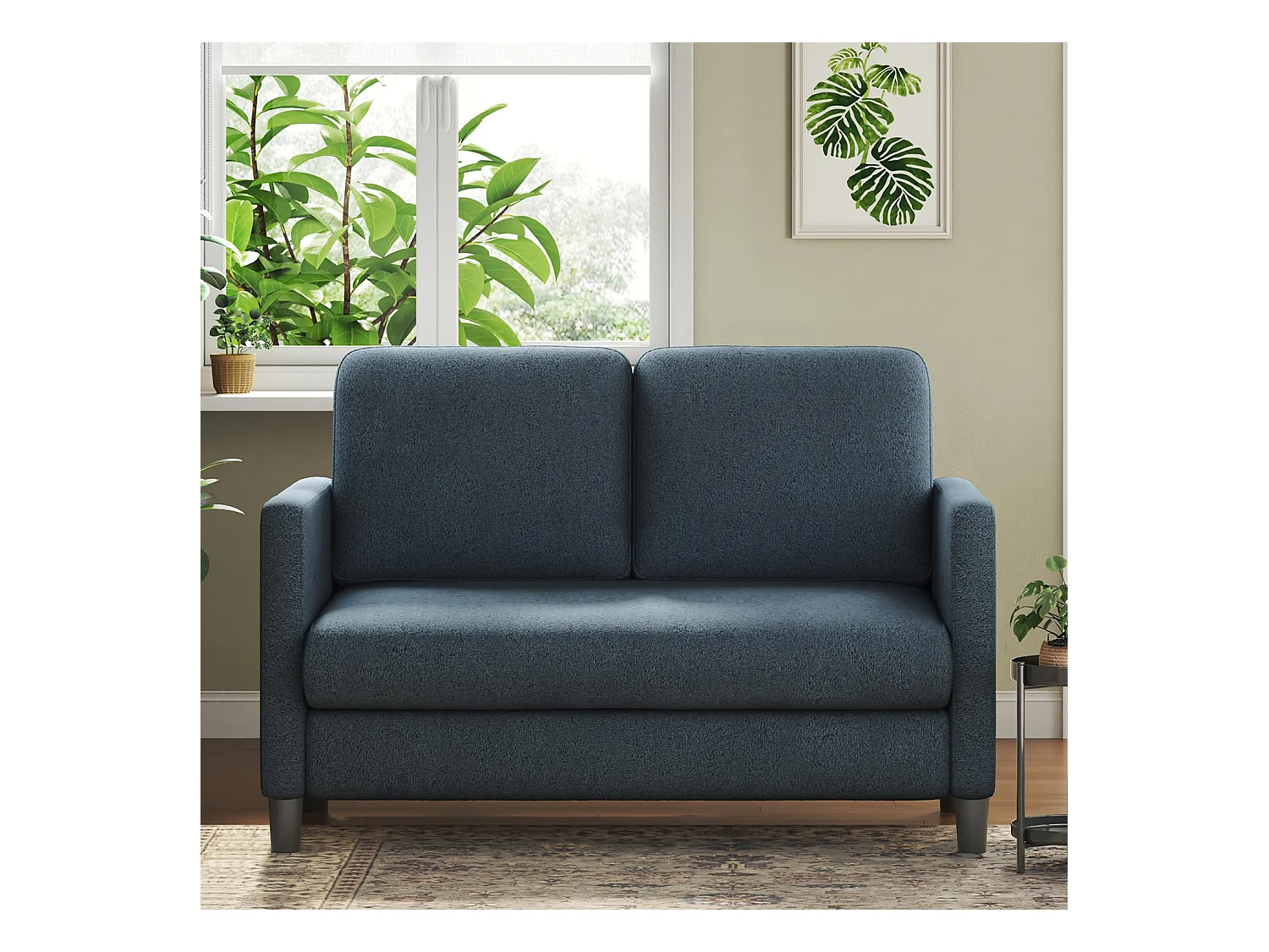 Canapé 2 places confort en Velours Teddy bleu, avec assise profonde de 55cm et accoudoirs - 128x78x89cm