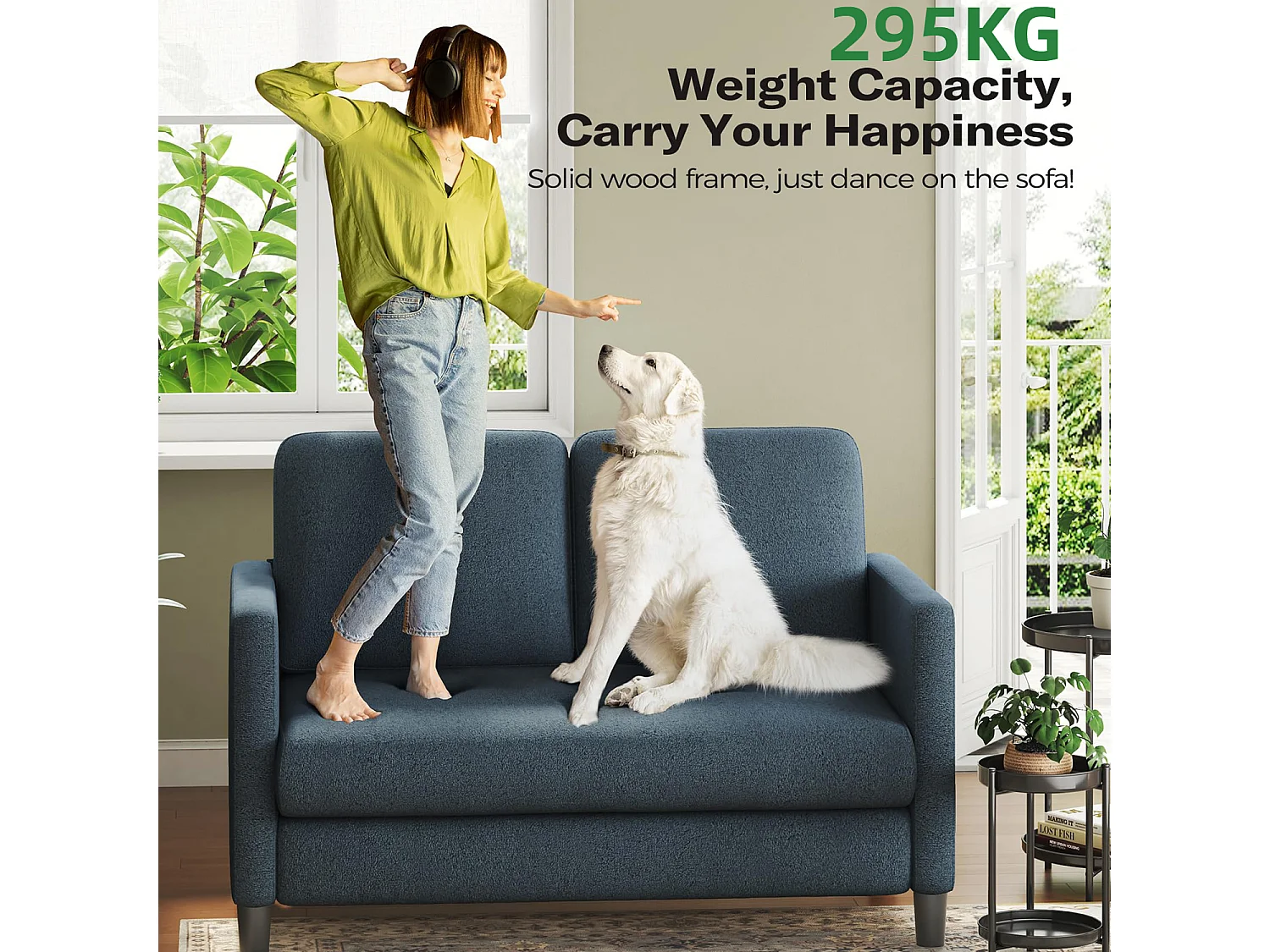 2-zitsbank van teddyfluweel, mini rechte comfortbank van massief hout, loveseat met armleuningen, 128x78x89cm, blauwgrijs