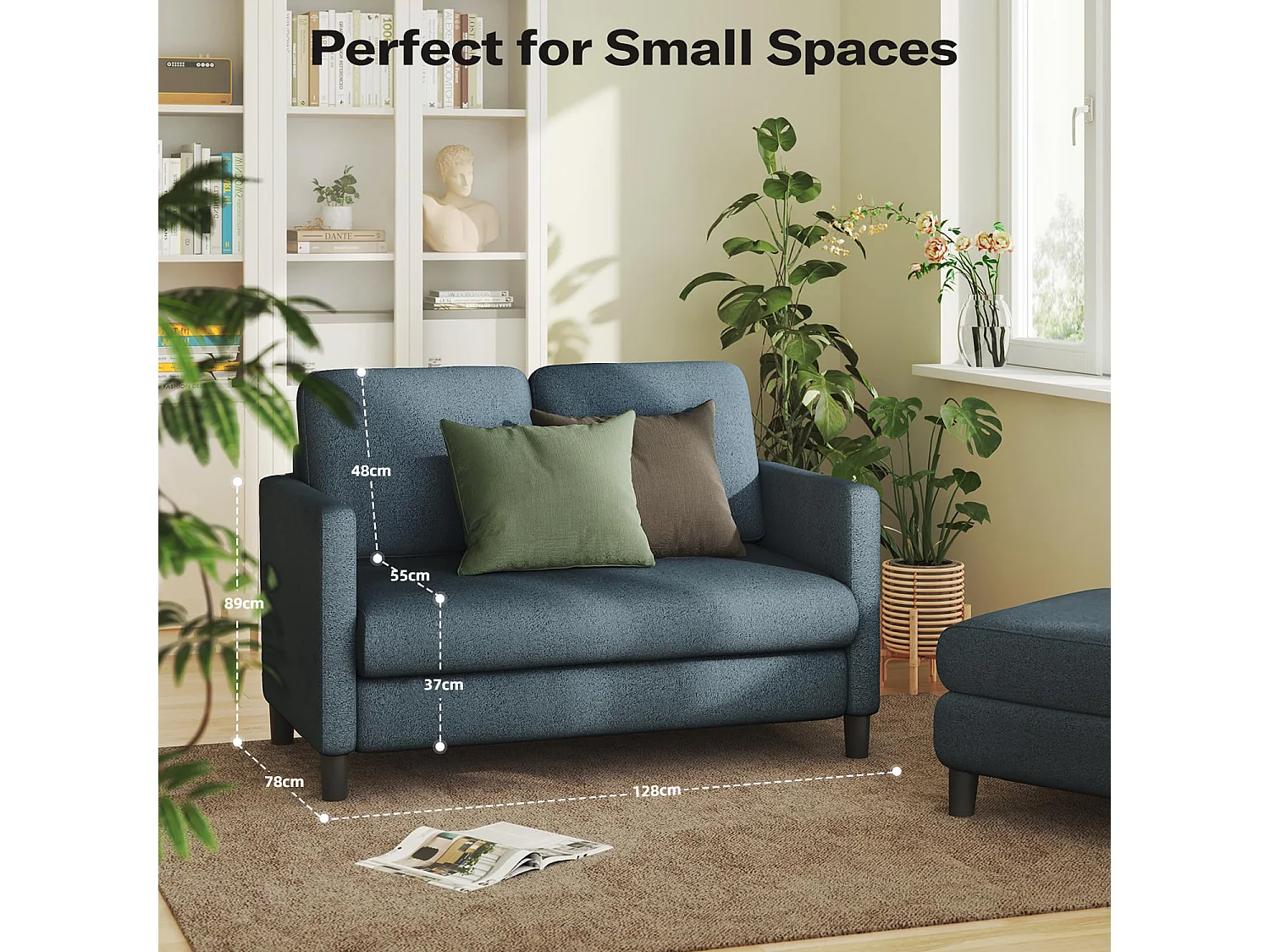 2-zitsbank van teddyfluweel, mini rechte comfortbank van massief hout, loveseat met armleuningen, 128x78x89cm, blauwgrijs