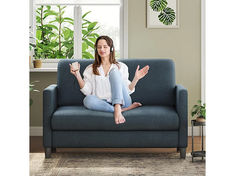 2 -Seater Comfort Sofa in teddy fluweel blauw, met diepe stoel van 55 cm en armleuningen - 128x78x89cm
