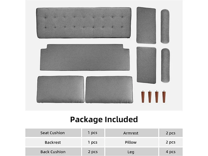3-zitsbank in moderne linnenstof met armleuningen, massief houten poten - 173x77x84cm - Grijs