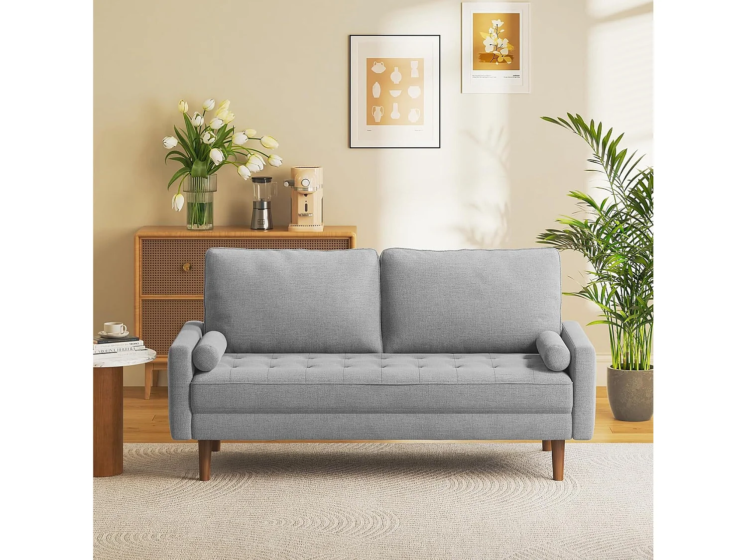 Divano 3 posti in tessuto lino grigio - Scandinavo - con 2 cuscini e braccioli - Gambe in legno massello - 173x77x84cm