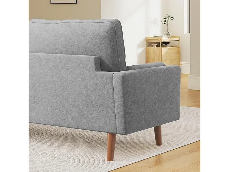 Divano 3 posti in tessuto lino grigio - Scandinavo - con 2 cuscini e braccioli - Gambe in legno massello - 173x77x84cm