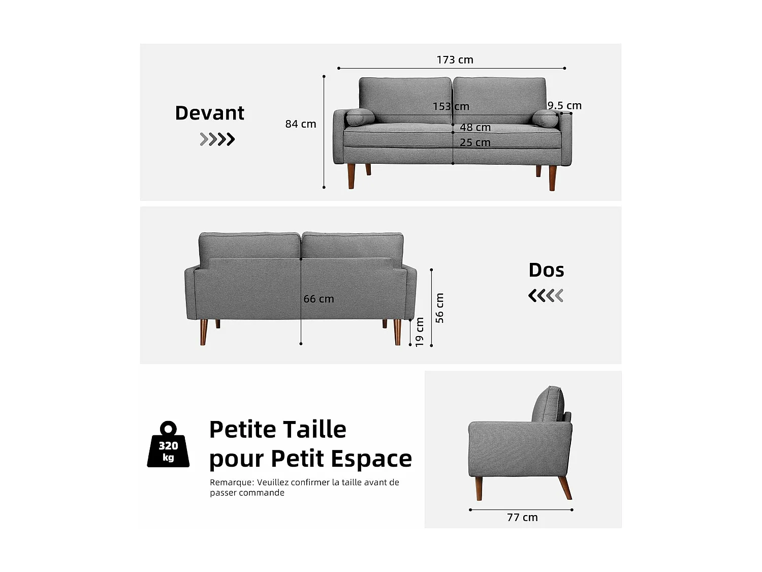 Divano 3 posti in tessuto lino grigio - Scandinavo - con 2 cuscini e braccioli - Gambe in legno massello - 173x77x84cm