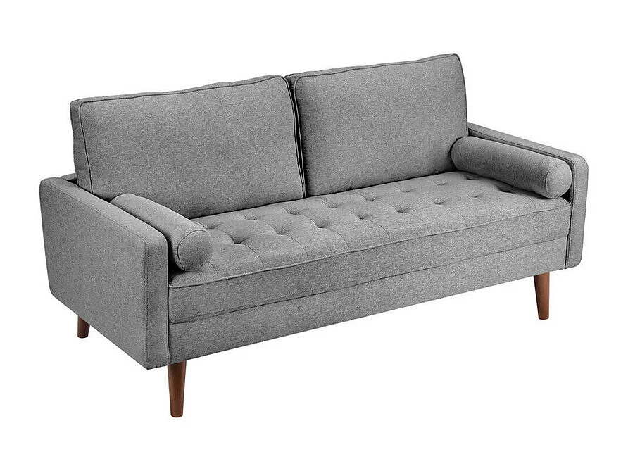 Canapé 3 places en tissu Lin gris - Scandinave - avec 2 Oreillers et Accoudoirs - Pieds bois massif - 173x77x84cm