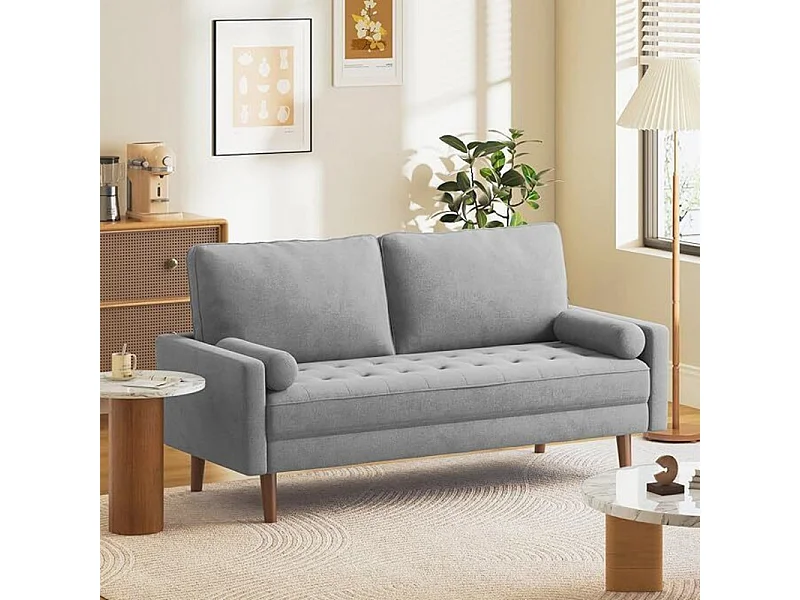 Canapé 3 places en tissu Lin gris - Scandinave - avec 2 Oreillers et Accoudoirs - Pieds bois massif - 173x77x84cm