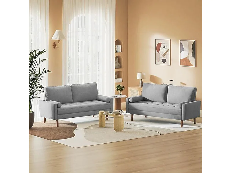 Canapé 3 places en tissu Lin gris - Scandinave - avec 2 Oreillers et Accoudoirs - Pieds bois massif - 173x77x84cm