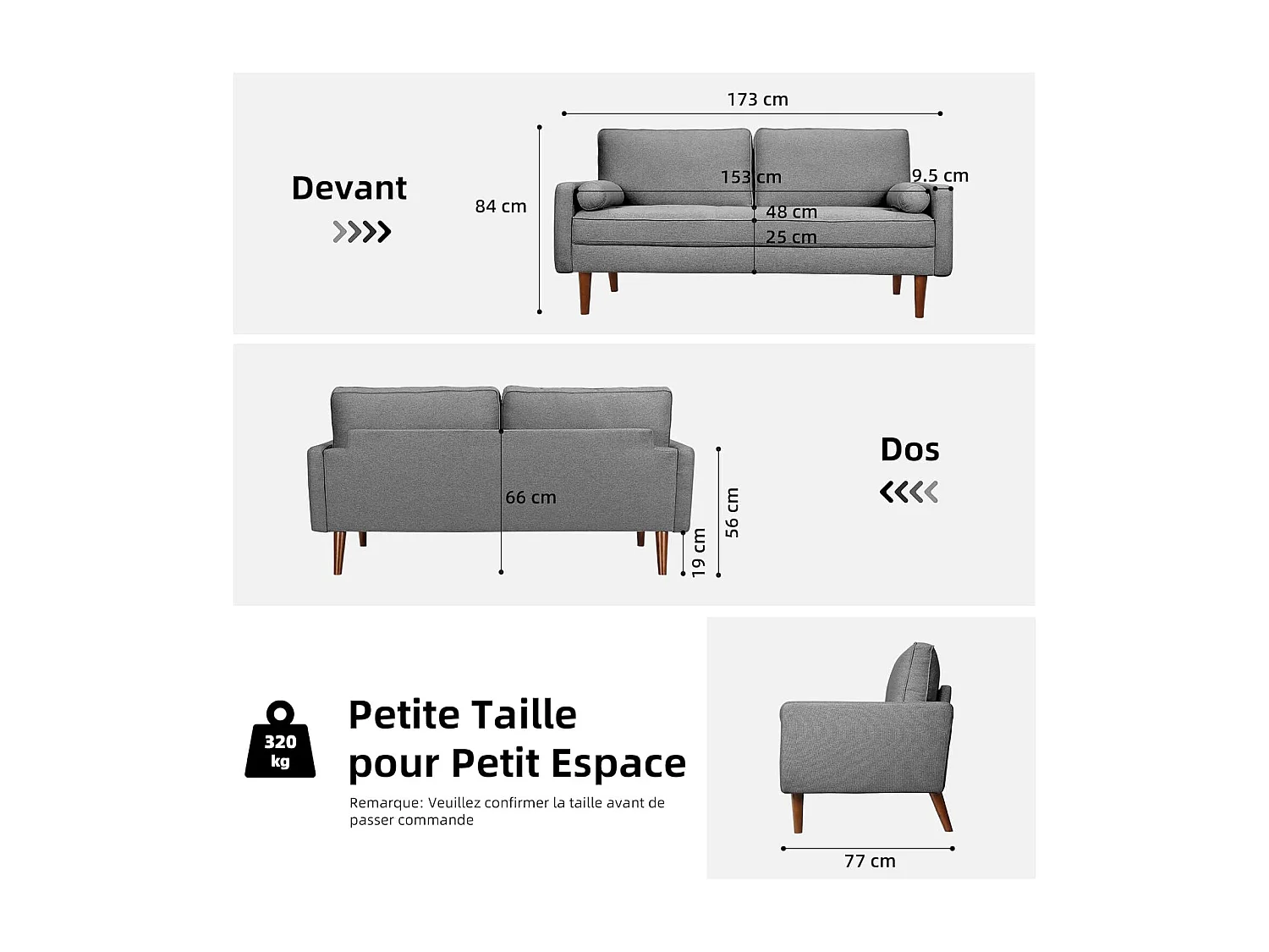 Canapé 3 places en tissu Lin gris - Scandinave - avec 2 Oreillers et Accoudoirs - Pieds bois massif - 173x77x84cm