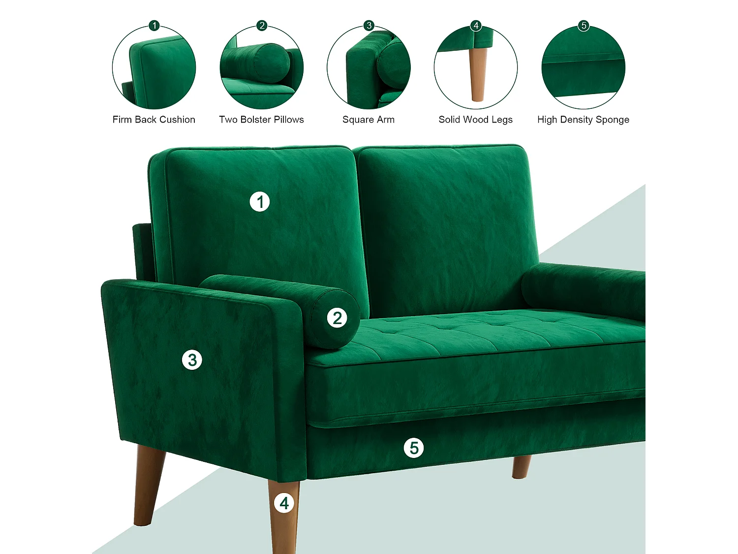 Canapé à 2 Places Scandinave,Mini Canapé à Bras Roulés en Velours Loveseat,Fauteuil Salon avec Accoudoirs,121x77x87cm - Vert