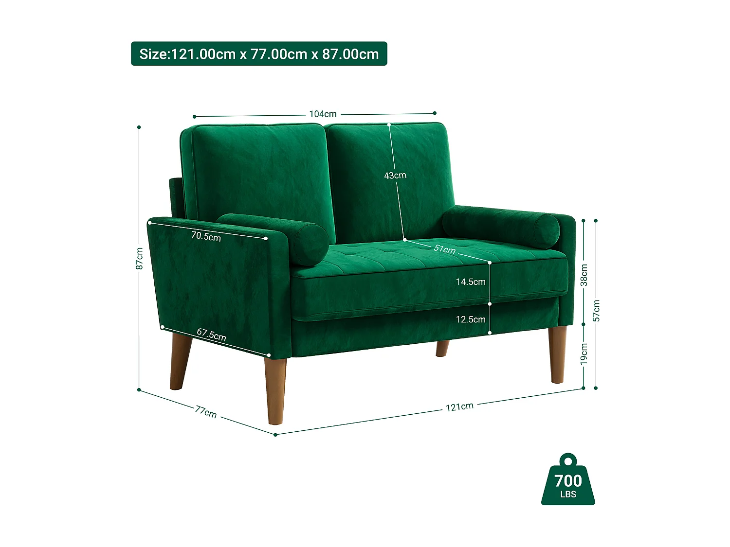 Canapé à 2 Places Scandinave,Mini Canapé à Bras Roulés en Velours Loveseat,Fauteuil Salon avec Accoudoirs,121x77x87cm - Vert
