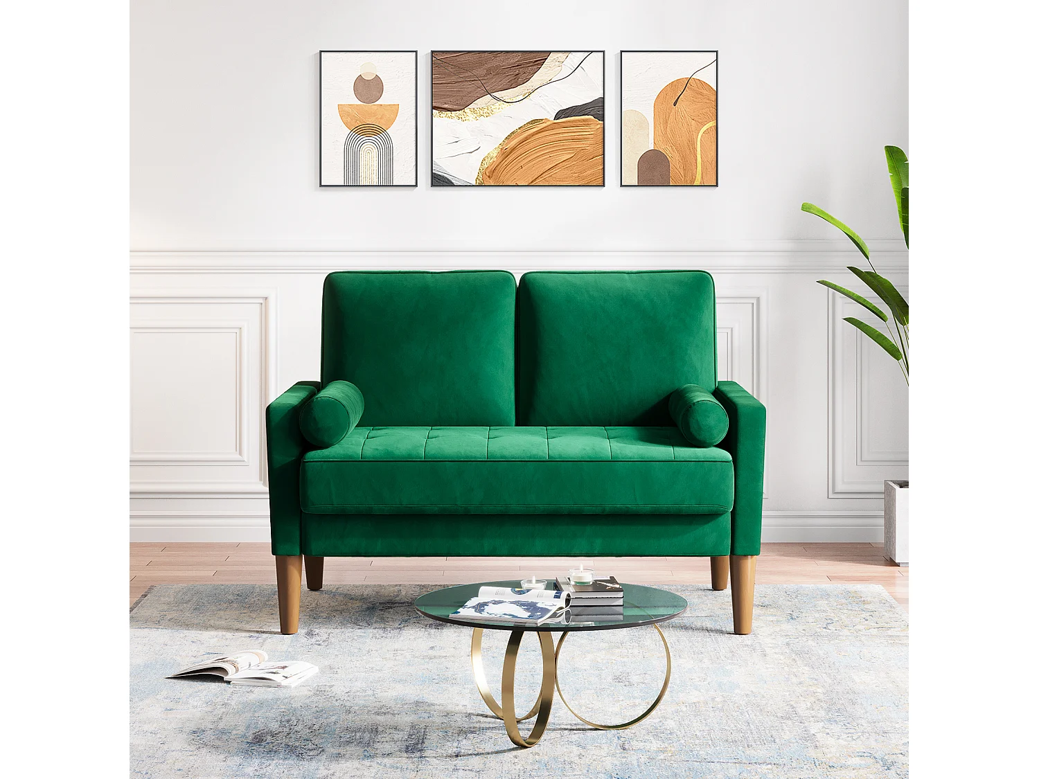 Canapé à 2 Places Scandinave,Mini Canapé à Bras Roulés en Velours Loveseat,Fauteuil Salon avec Accoudoirs,121x77x87cm - Vert