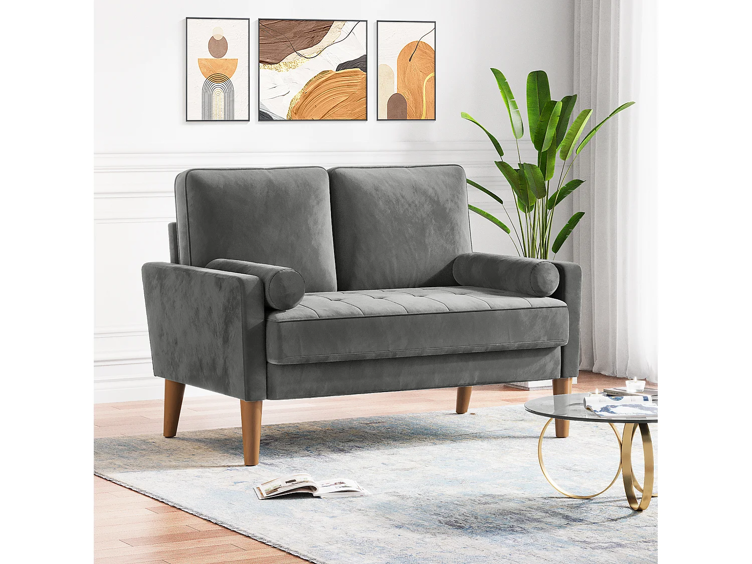 Scandinavische 2-zitsbank, loveseat fluwelen mini-bank met gerolde armleuning, woonkamerfauteuil met armleuningen, 121x77x87cm - grijs